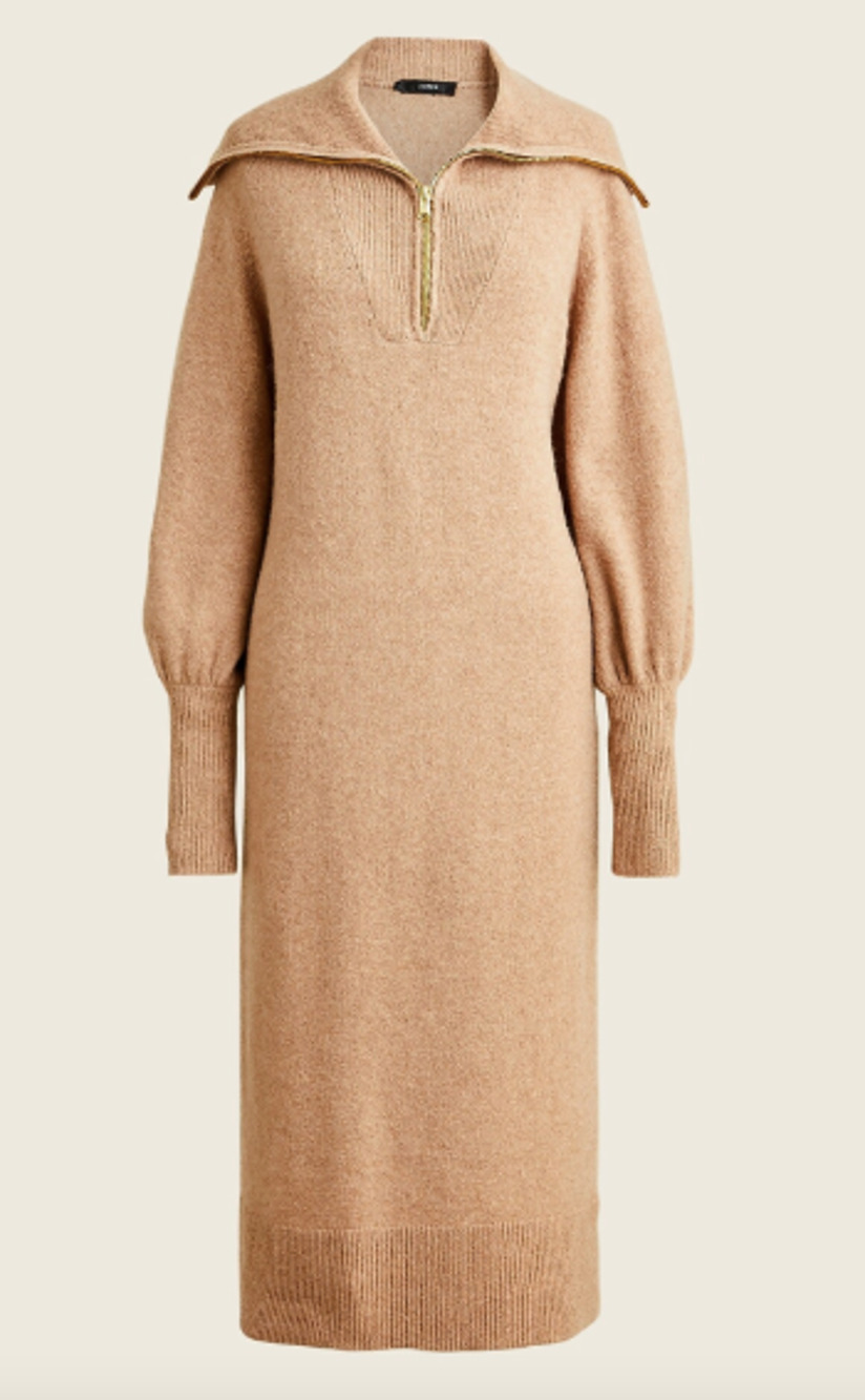 J Crew Merino Wool Alpaca Sweater Dress Brown Tan Knit Jumper Half Zip Cozy